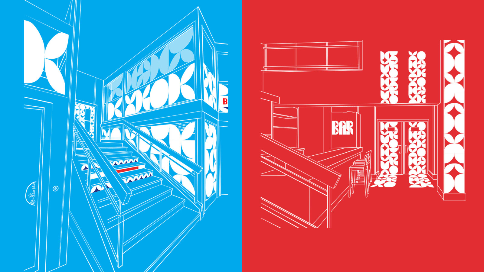 Illustrations représentant l’escalier et le bar du Théâtre Chevilly-Larue, la première sur fond bleu, la seconde sur fond rouge. La signalétique au motif emblématique figure en blanc.