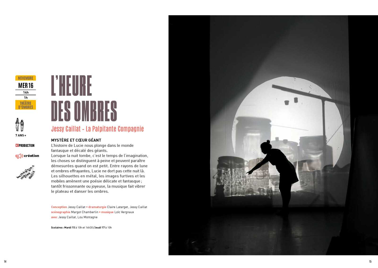 Pages du programme 2022-2023 du Théâtre Chevilly-Larue. Présentation du spectacle « L’heure des ombres ». La silhouette d’une femme paraît toute petite, devant les ombres géantes de pots alimentaires.