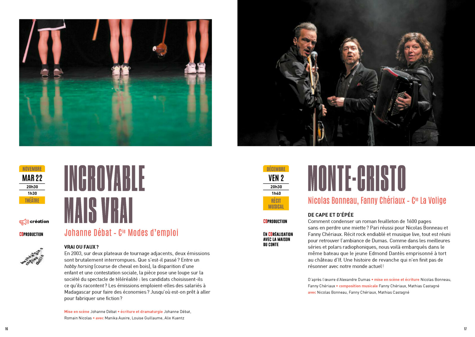Double-page du programme 2022-2023 du théâtre Chevilly-Larue présentant les spectacles "Incroyable mais vrai" et "Monte-Cristo".