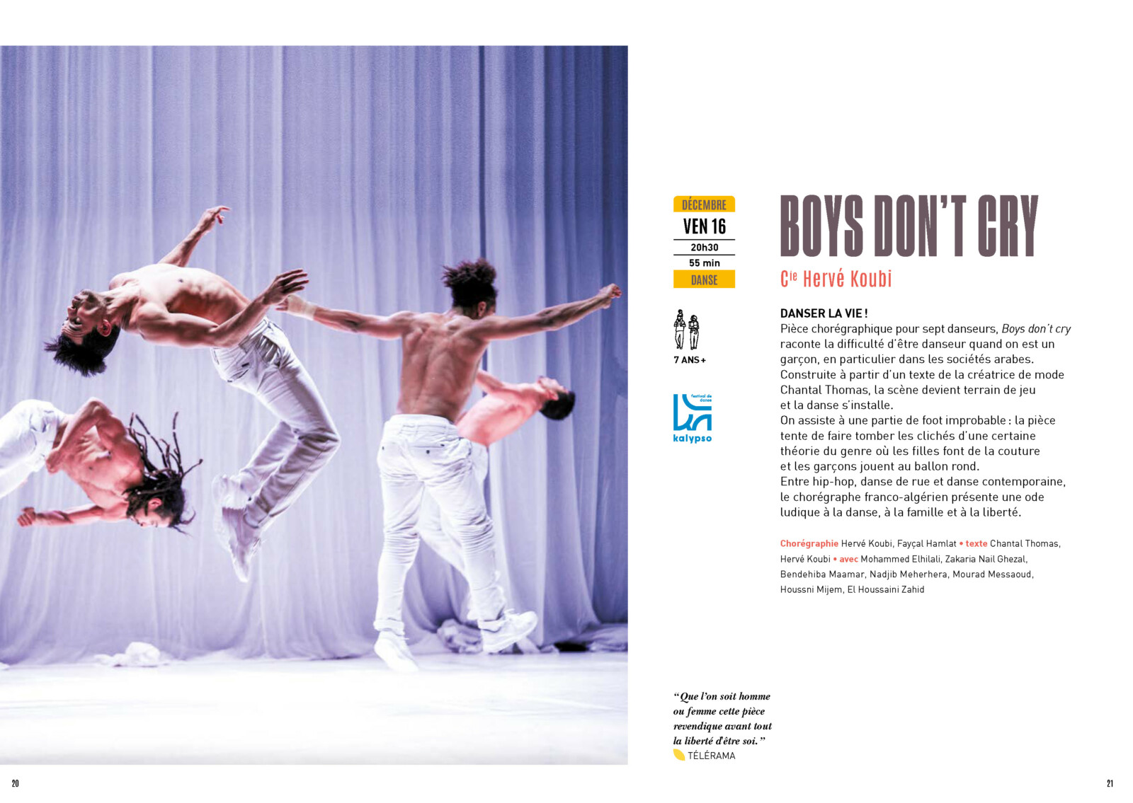 Pages du programme 2022-2023 du Théâtre Chevilly-Larue. Présentation de la pièce chorégraphique « Boys don’t cry ». Les danseurs torse nu en jeans blancs se livrent à des acrobaties.