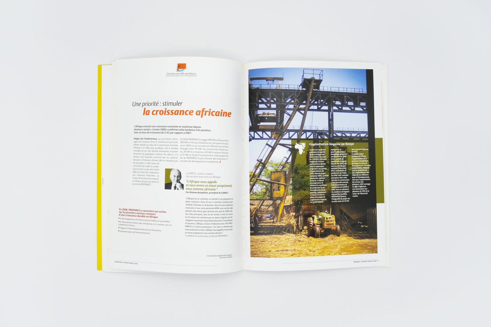 Double page du Rapport Annuel d'activité de PROPARCO. la page de droite illustre le propos par la photographie, celle de gauche en fait la mise en mots.