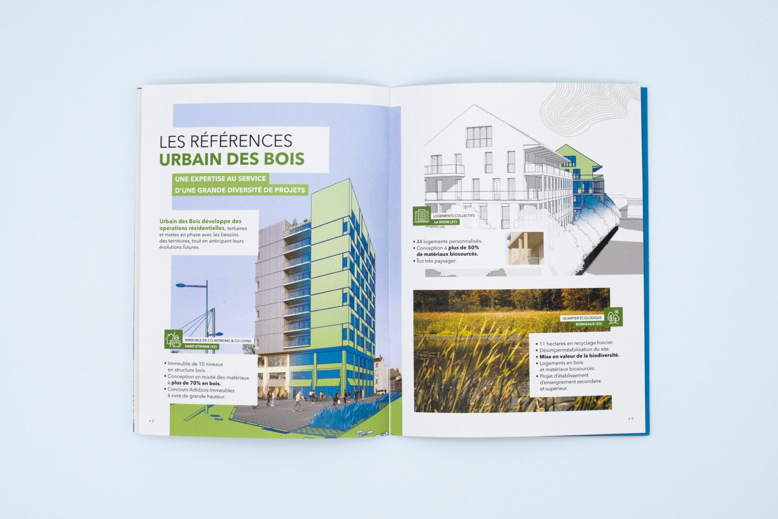 Double page présentant l'expertise Urbain des bois dans la diversité des projets et de leurs applications. des schémas sont réalisés par l'agence pour rendre intéligiblie le propos et accentuer la dimension aspirationnelle de la composition.