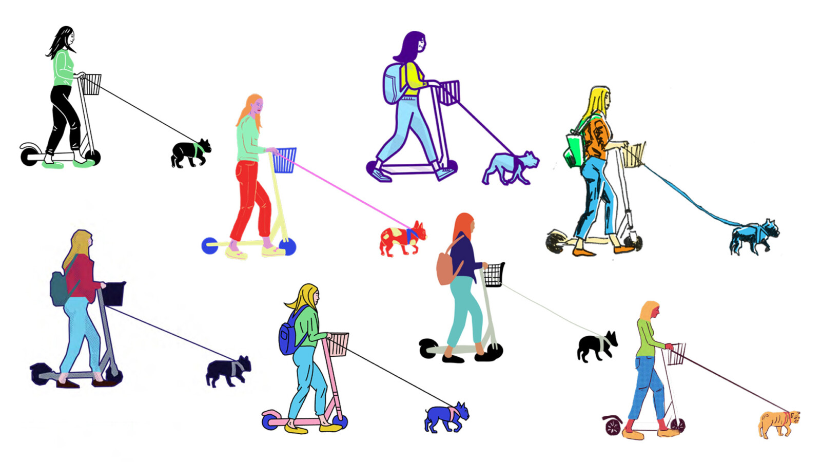 Illustration d'une femme promenant son chien, elle est déclinée en 8 styles différents soumis à Icade afin d'animer les posts réseaux.