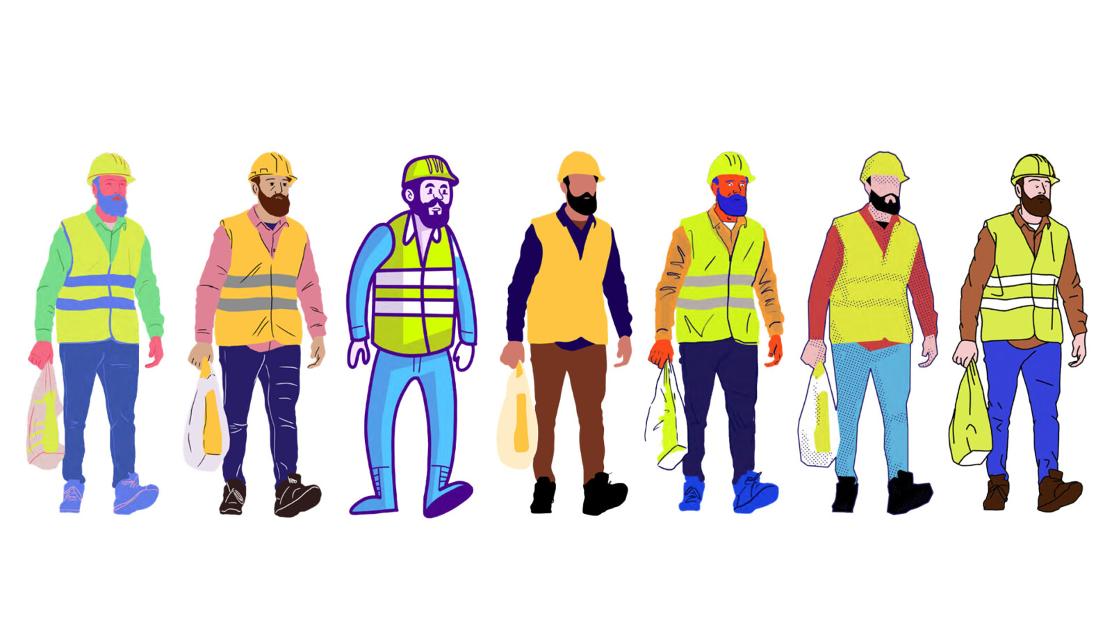 Illustration d'un homme en tenue de chantier, elle est déclinée en 8 styles différents soumis à Icade afin d'animer leurs posts Instagram.