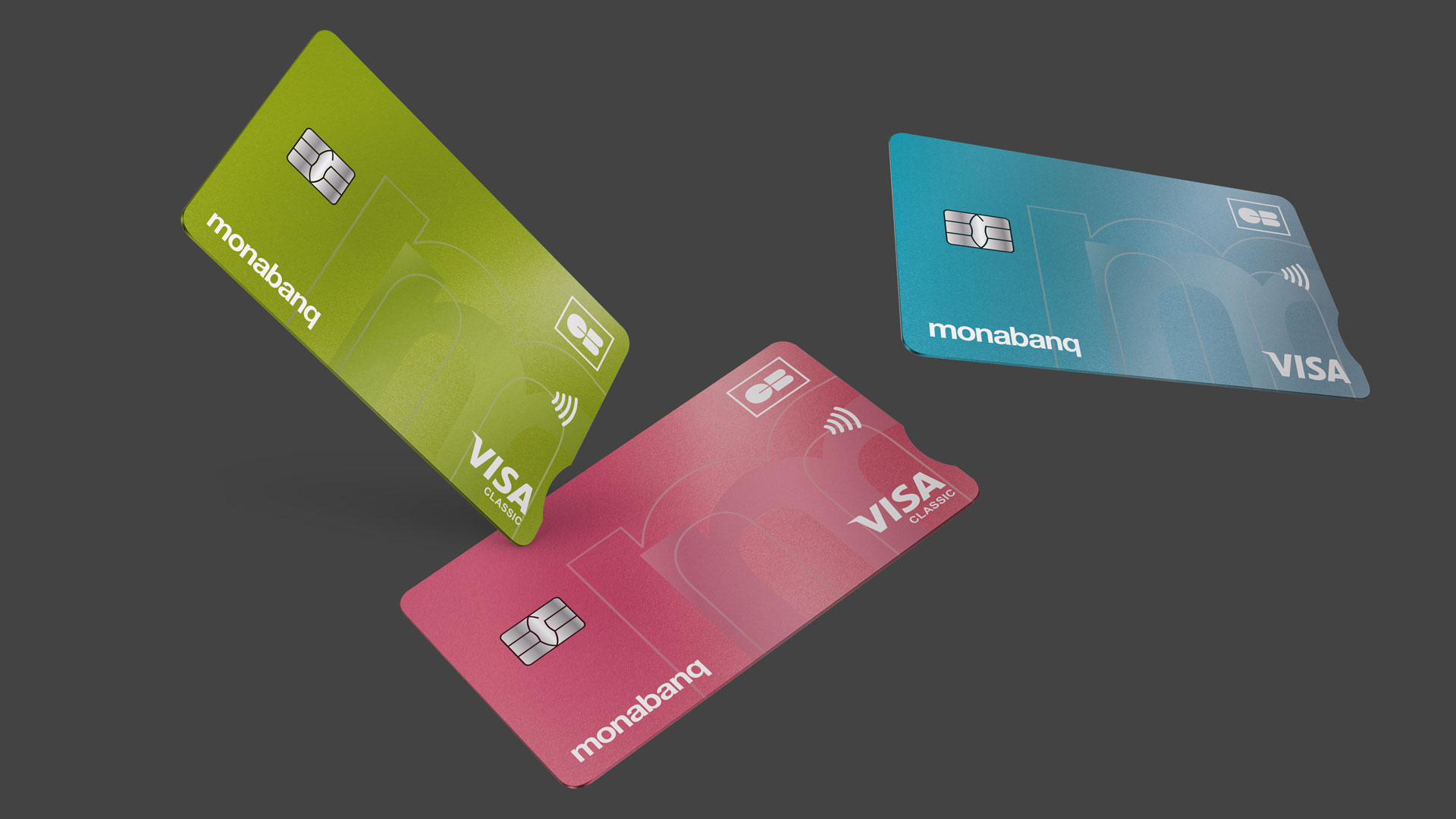 Présentation en 3d des 3 cartes grand public de la gamme visa disponible chez Monabanq.